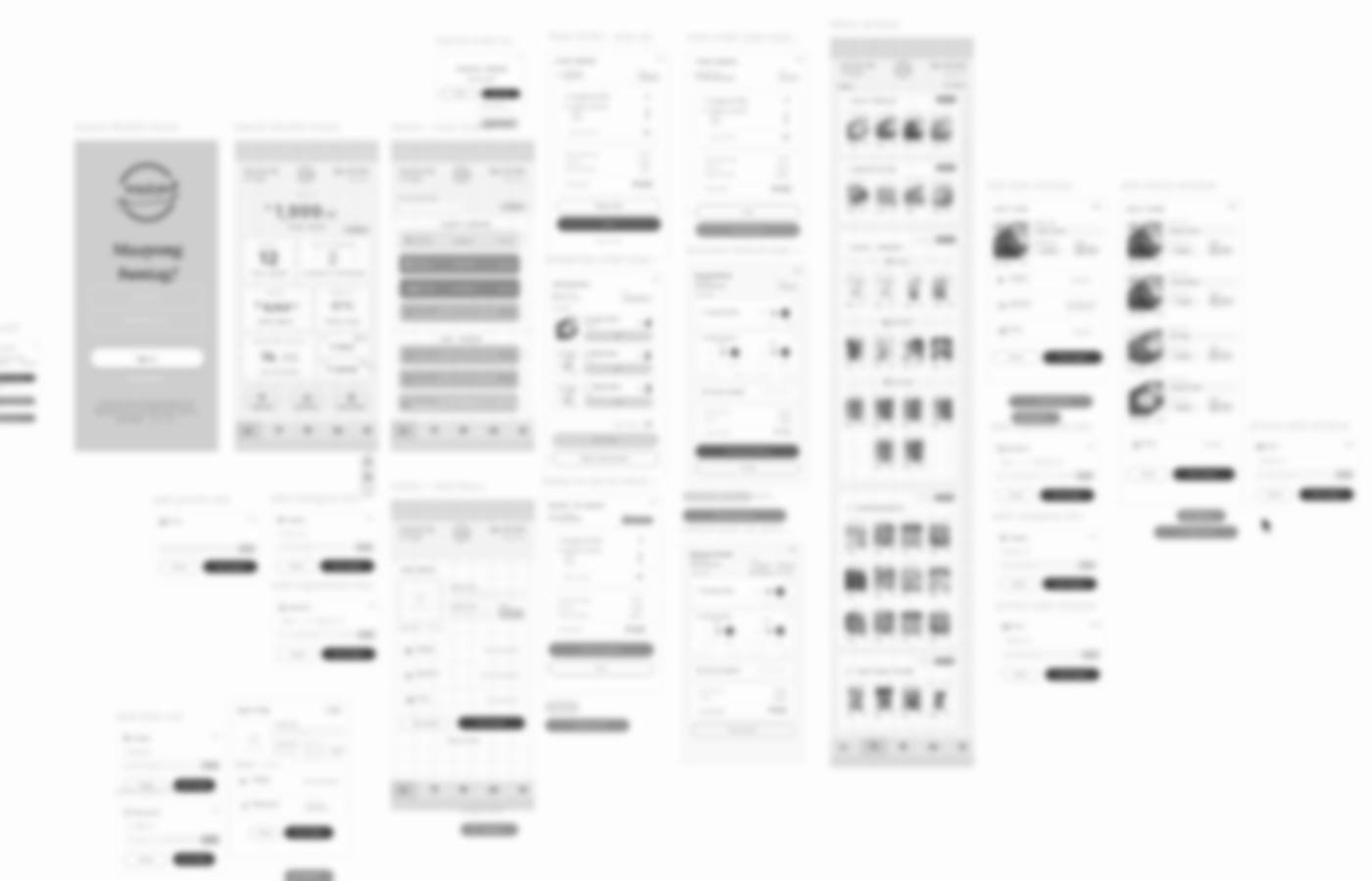 Blurred black-and-white wireframes of a simple POS system: login, owner dashboard, order list and menu screens.